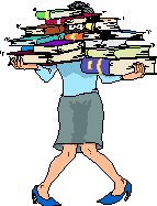 a lady carrying a pile of books