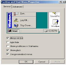 Taskbar and Start Menu Properties box