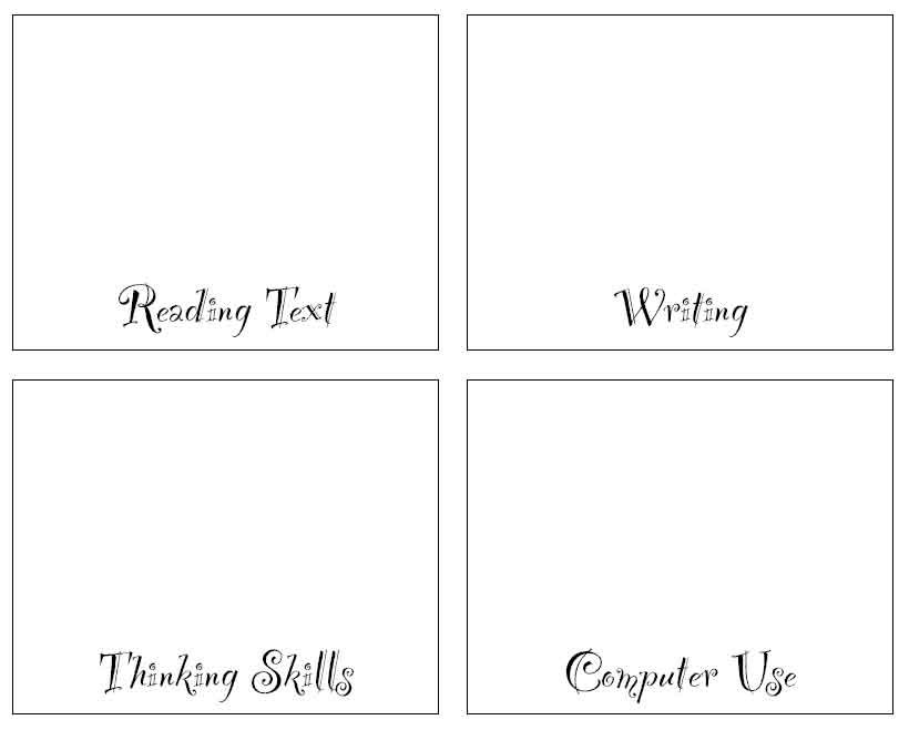 empty boxes for pictures of reading text, writing, thinking skills and computer use