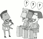 Clipart - man with microphone talking to three adults