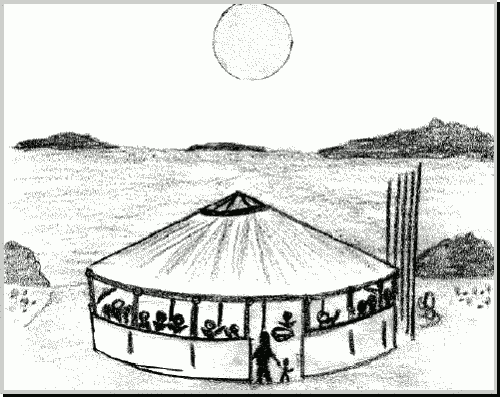 Drawing of a large tent containing many people