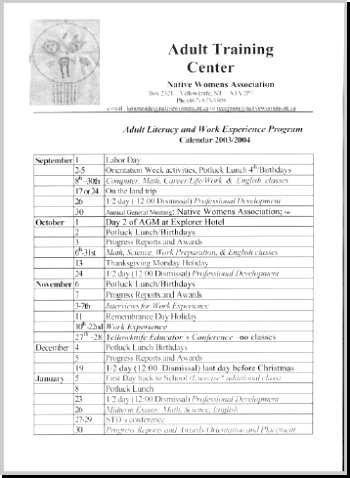 Copy of Adult Training Center work experience calendar for 2003/2004