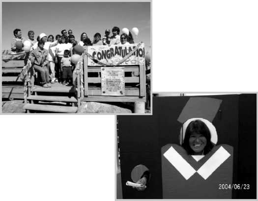 Two photographs: one of several people on an outdoor platform and one of a school graduate with cap, gown and diploma