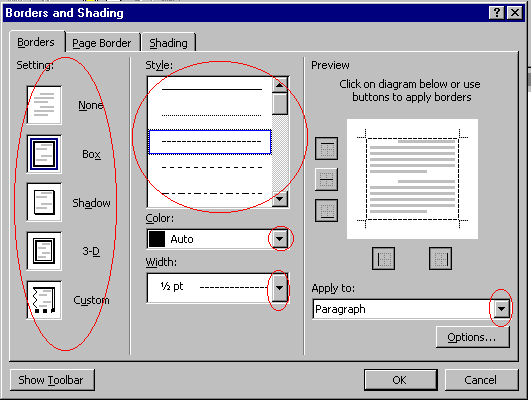 Border and Shading Dialog Box