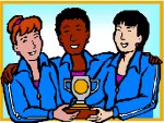 three people recieving a trophy