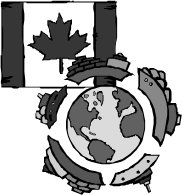 Canadian flag with a globe and symbols of labour sectors.