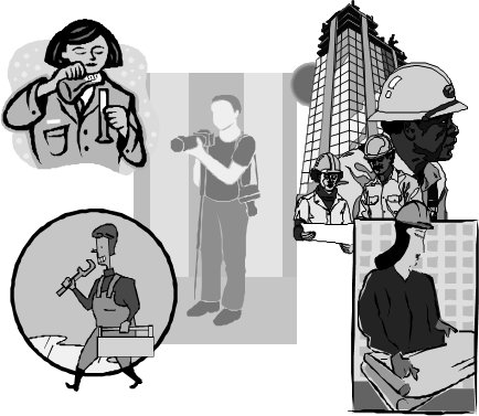 montage of people working at various professions