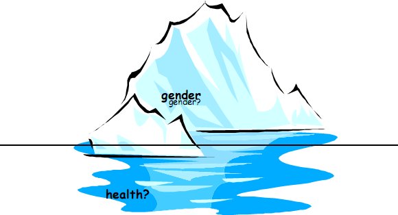an iceberg, with gender in the top portion and health in the underwater portion