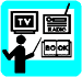 clipart graphic - presenter with wand looking at display of TV, radio and a book