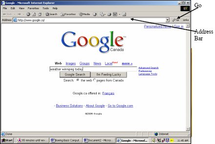 Screenshot of Google Web site with arrows pointing to the address bar and the go button.