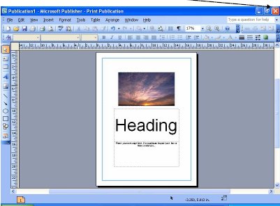 Screenshot of Microsoft Publisher with an arrow pointing to the closing icon