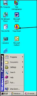 Screenshots of Microsoft Windows 2000 Professional Start Menu and an arrow pointing to an icon