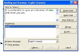 Screenshot of Spelling and grammar dialog box