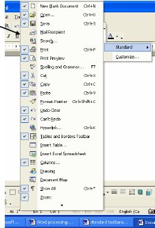 Screenshot of available toolbars