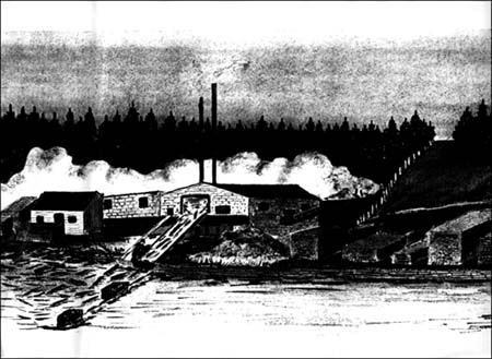 drawing of a lumber mill