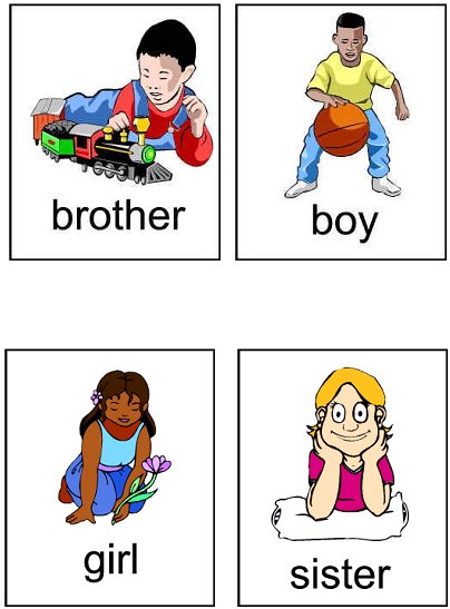 flashcards with a boy, bother, girl, and a sister