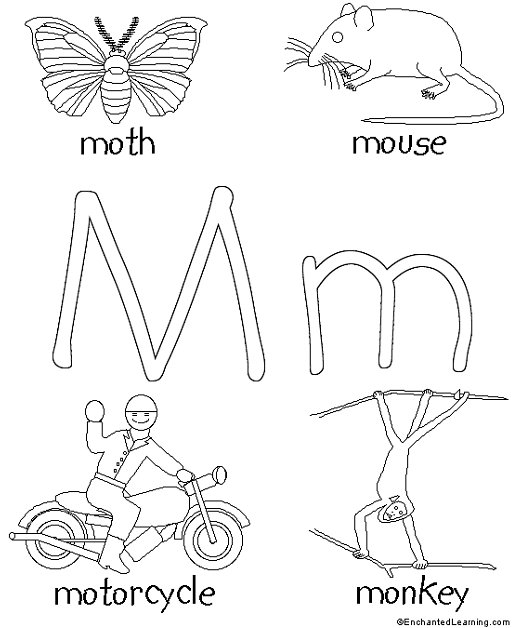 moth, mouse, motorcycle, monkey