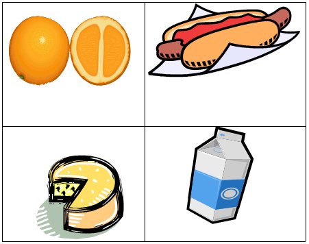 an orange, hot dog, cheese and milk