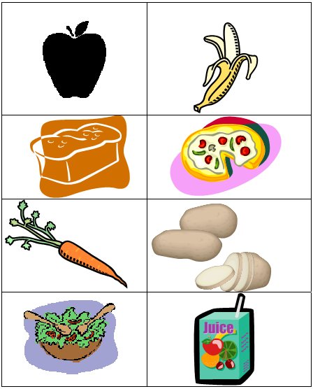 an apple, banana, bread, pizza, carrot, potato, salad, and fruit juice