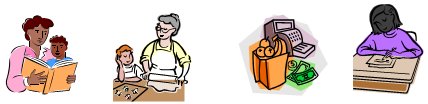 a mother child reading, grandmother and child cooking, a cash register, someone studing