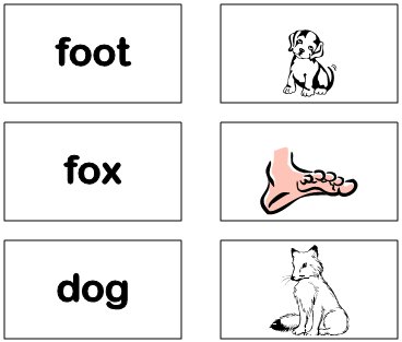 the words for foot, fox, dog and pictures of a dog, foot and a fox