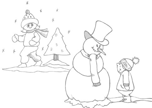 a girl walking by a snowman while a boy is looking at it, and its snowing. 