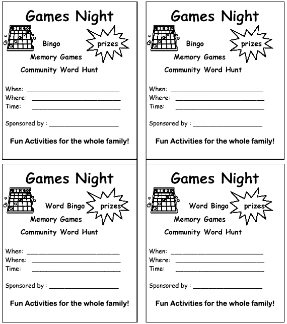 graphic - four invitation forms for a Games Night