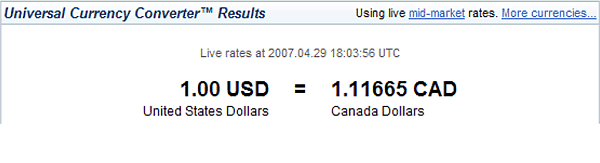 Universal Currency Converter Results box showing that 1.00 US dollar equals 1.11665 Canadian dollars