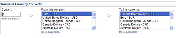 Universal Currency Converter box containing a box to enter amount you would like to convert, (From this currency) drop down list of currencies and (To this currency) drop down list of currencies