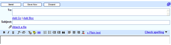 Compose Mail box with: Send button, Save Now button, Discard button, To: box, Add Cc link, Add Bcc link, Subject box, Attach a file link plus editing tools