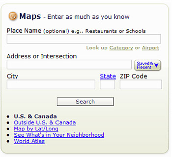 Maps information box: Maps - Enter as much as you know - Place Name (optional), Address or Intersection, City, State, Zip Code, search (button)