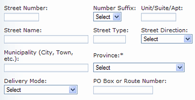 Find a Postal Code box to fill in the following information for the search: Street Number, Number Suffix, Unit/Suite/Apt., Street Name Street Type, Street Direction, Municipality (City, Town, etc.), Province, Delivery Mode and PO box or Route Number