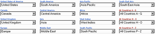 16 drop down boxes listing many areas in the world