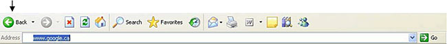 Internet Explorer toolbar with arrow pointing to the Back button