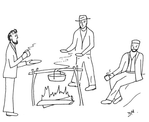 Illustration of Ryan cooking over a fire for his crew