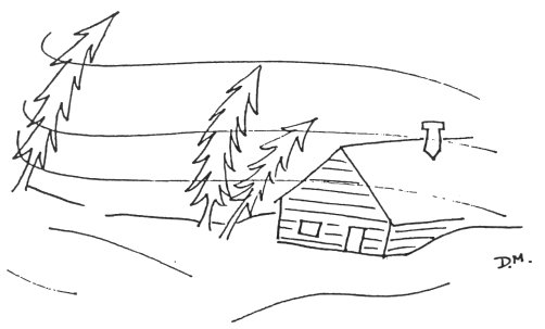 Illustration of a snowy night at the lumber camp