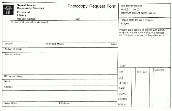 graphic: Saskatchewan Community Services Provincial Library - Photocopy Request Form