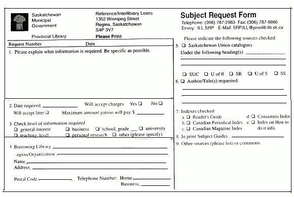 graphic: Saskatchewan Municpal government provincial Library - Subject Reguest Form.