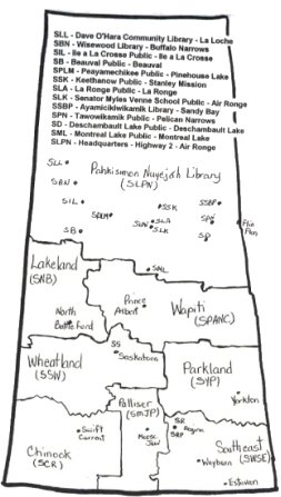 graphic: Map of Saskatchewan with locations for library services.