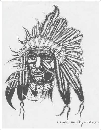 graphic: A drawing of a native chief with a head dress.