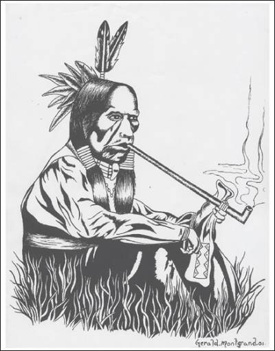 graphic: A drawing of a native smoking a peace pipe.