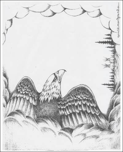 graphic: A drawing of a flying eagle going to the village.