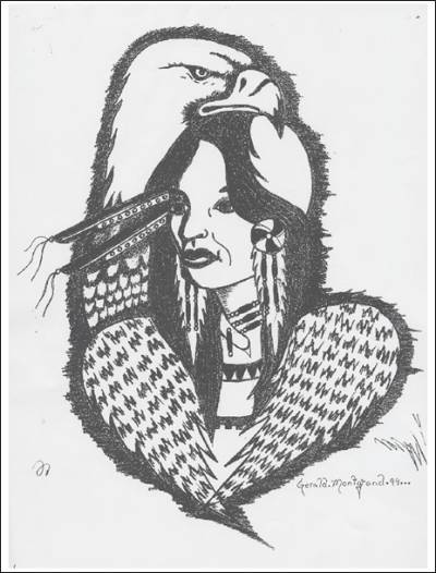 graphic: A drawing of an eagle and a native woman.