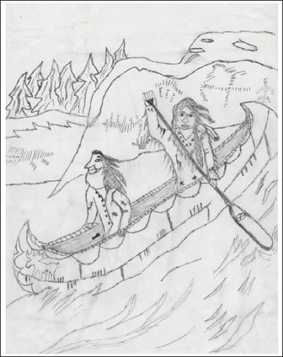 graphic: A drawing of two natives in a canoe paddling down the stream.