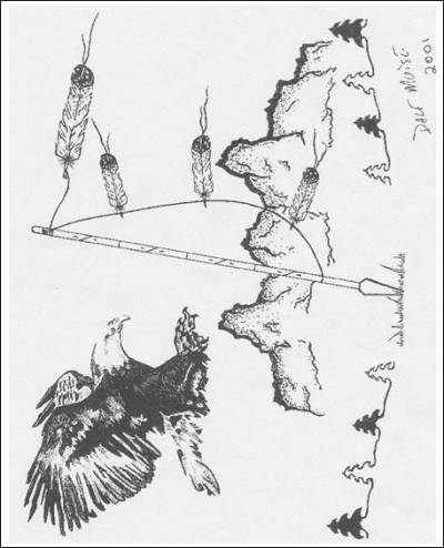 graphic: A drawing of an eagle flying towards a spear with four feathers tied to it.