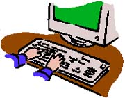 graphic - drawing of two hands on a computer keyboard in front of a monitor screen