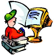 graphic - drawing of a boy sitting on a pile of books looking at a computer monitor