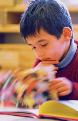 little boy reading a book