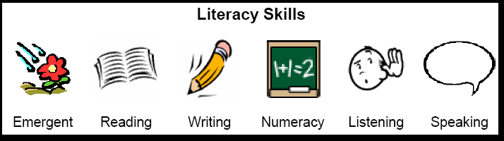 The Literacy Skills are: emergent, reading, writing, numeracy, listening and speaking.