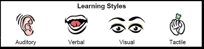 The Learning Styles are: auditory, verbal, visual and tactile.